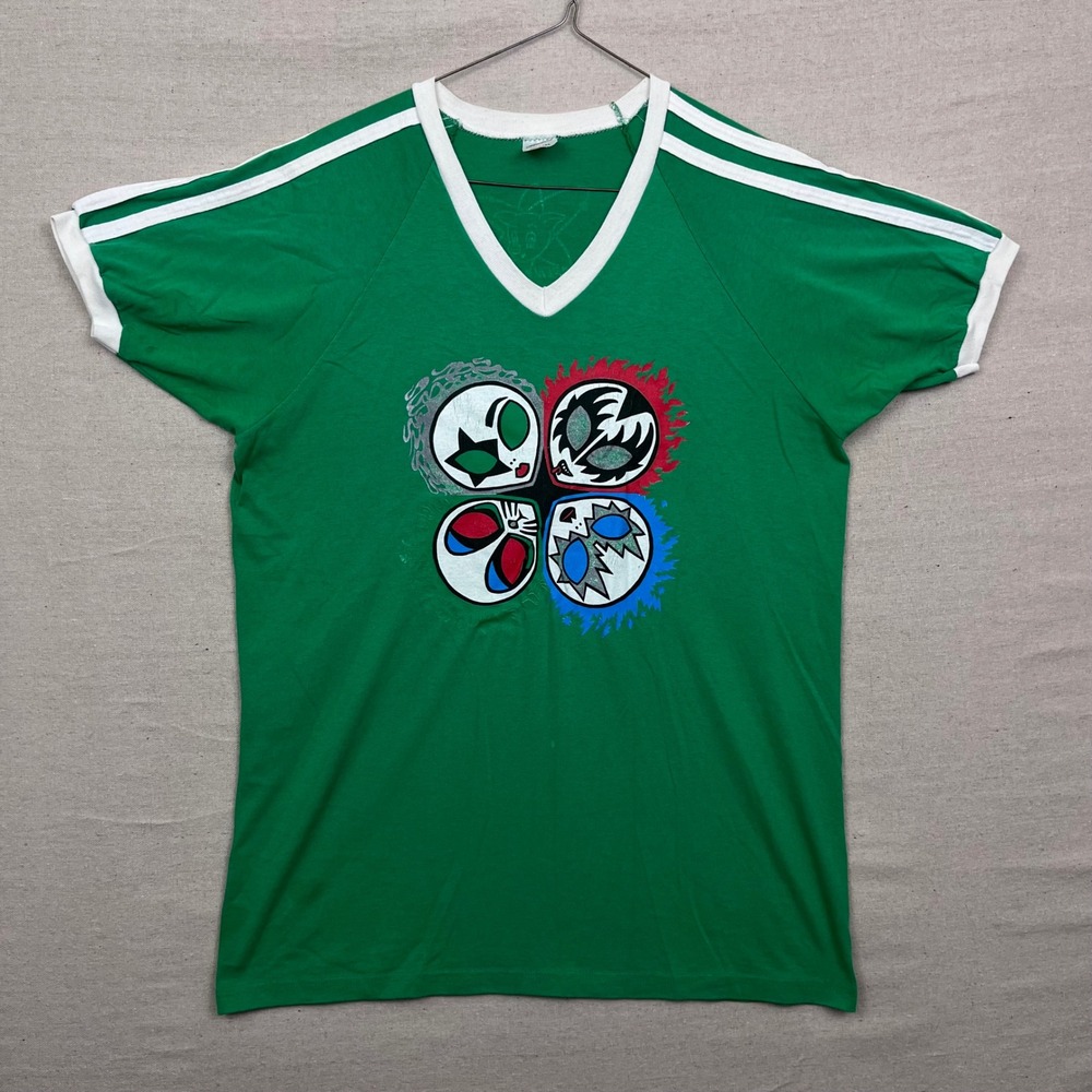 Rare Vintage 80s KISS Green Pigpen Band Tee‎ Graphic Ringer T Shirt Adult XL